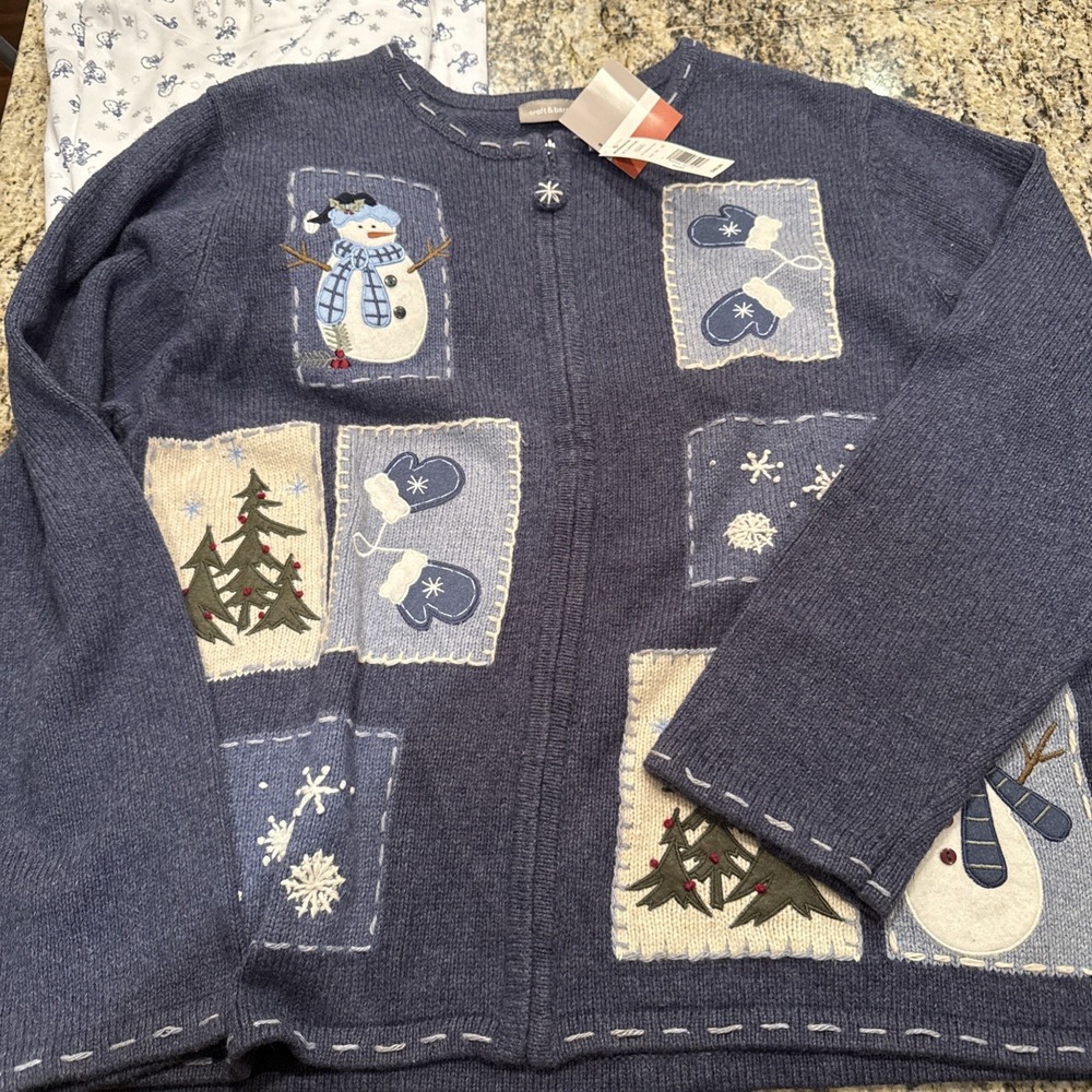 Croft & Barrow Sweater Women  XL Zip Cardigan Snowman Embroid  Holiday New Bonus